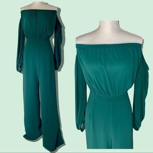 Off-Shoulder Pant Jumpsuit - EMERALD GREEN - Size XL